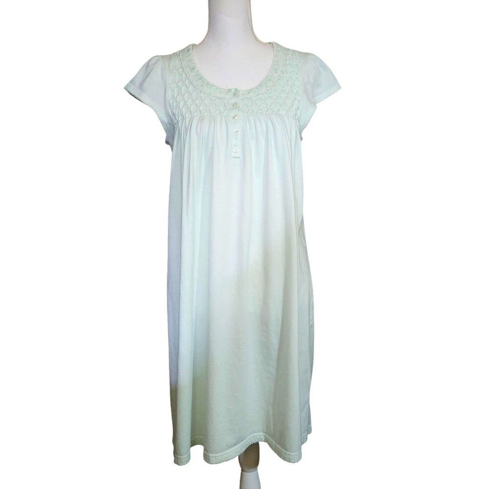 Miss Elaine Nightgown Smocked Top Knee Length Cap Sleeve Light Green Size Medium